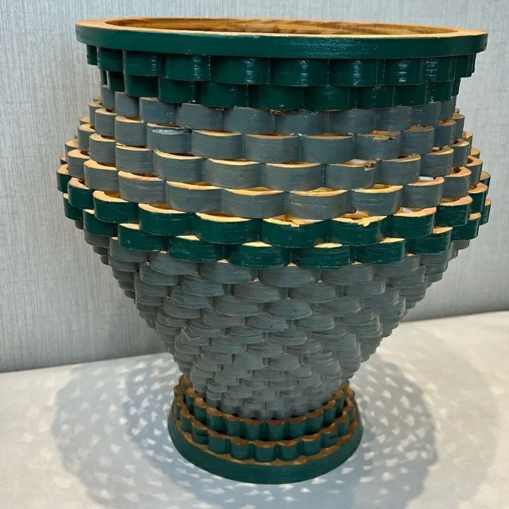 Vintage Handcrafted Wooden Decorative Tornado Bowl Vase Scroll Saw Scalloped